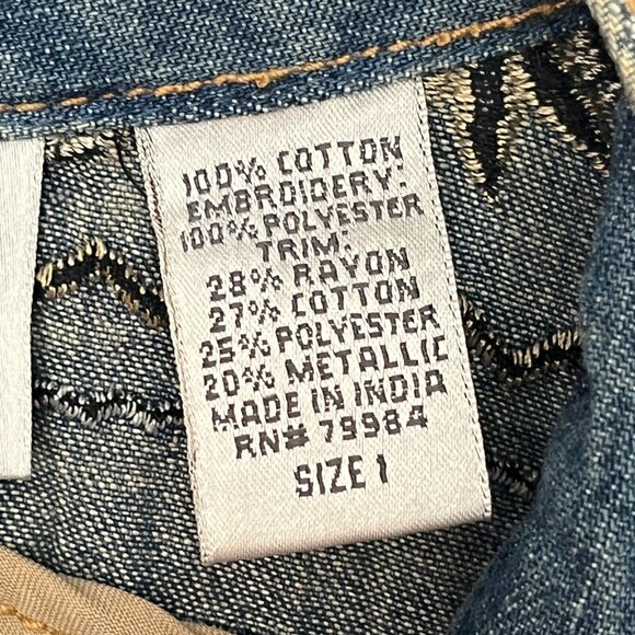 CHICO'S Denim Gold All Over Embroidered Sequinned Button Down Show Shirt Size M - Picture 9 of 10